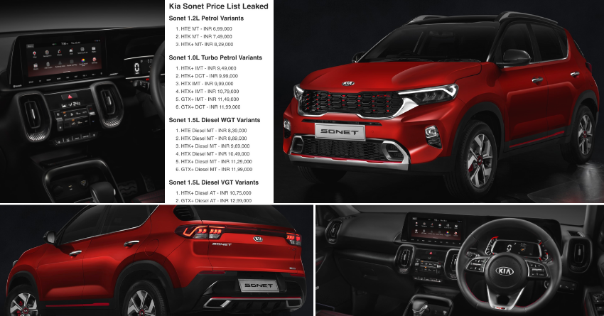 Kia Sonet Price List Surfaces Online