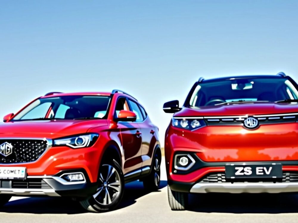 MG Comet and ZS EV parked together in bright colors.